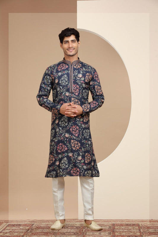 Navy Blue Flower Printed Kurta Set