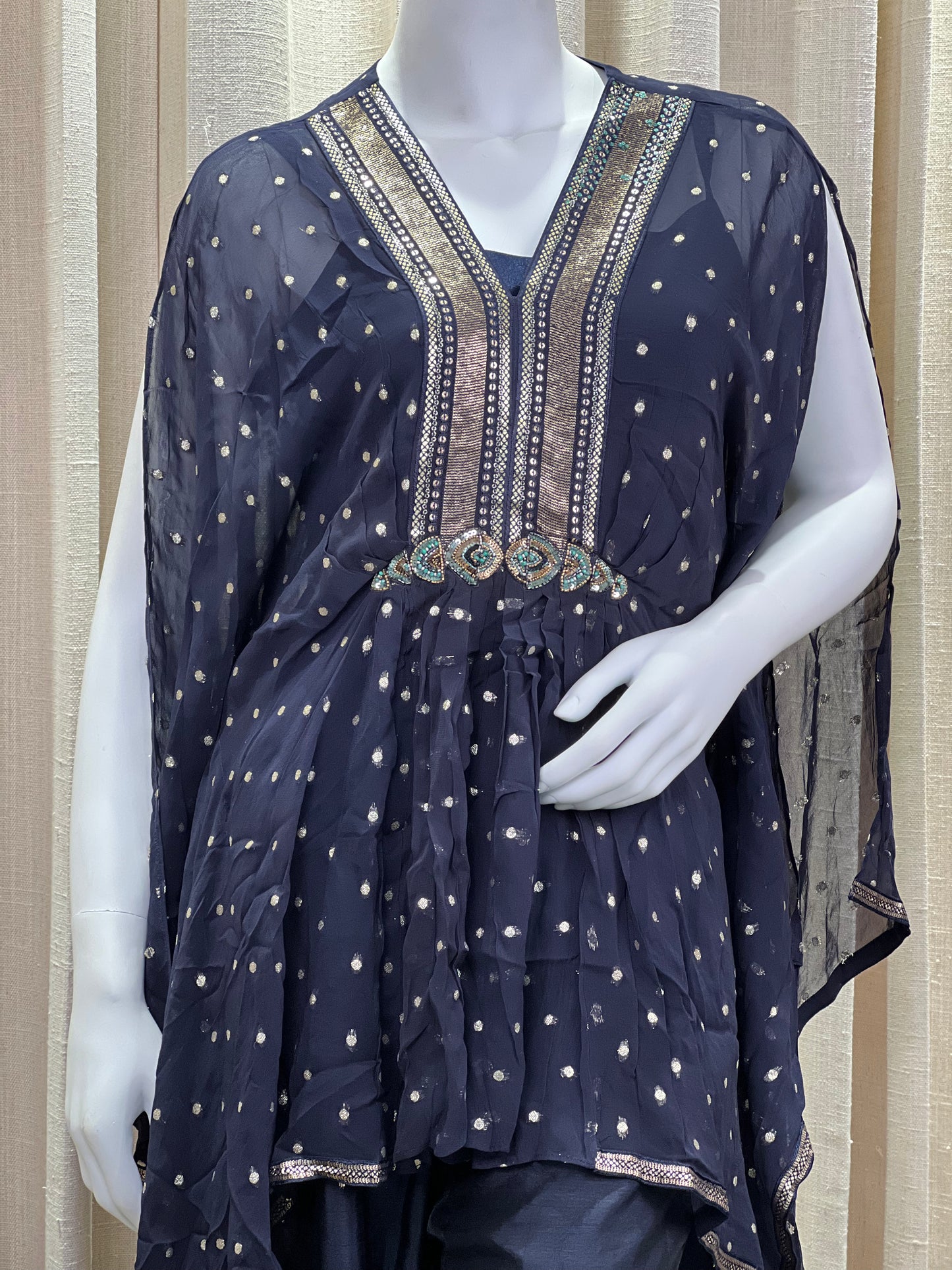 Navy Blue Kaftan-Style Kurti Set with Sequin Embellishment