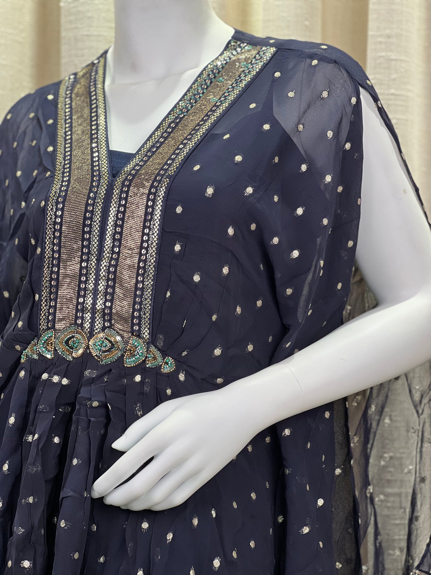 Navy Blue Kaftan-Style Kurti Set with Sequin Embellishment
