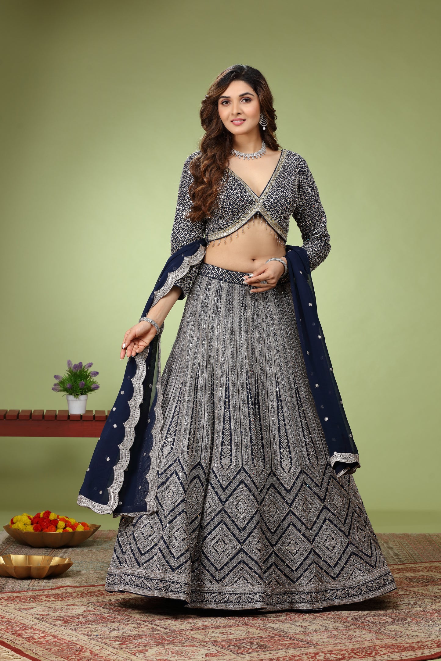 Navy Blue Mirror and Embroidery work Engagement Lehnga Choli