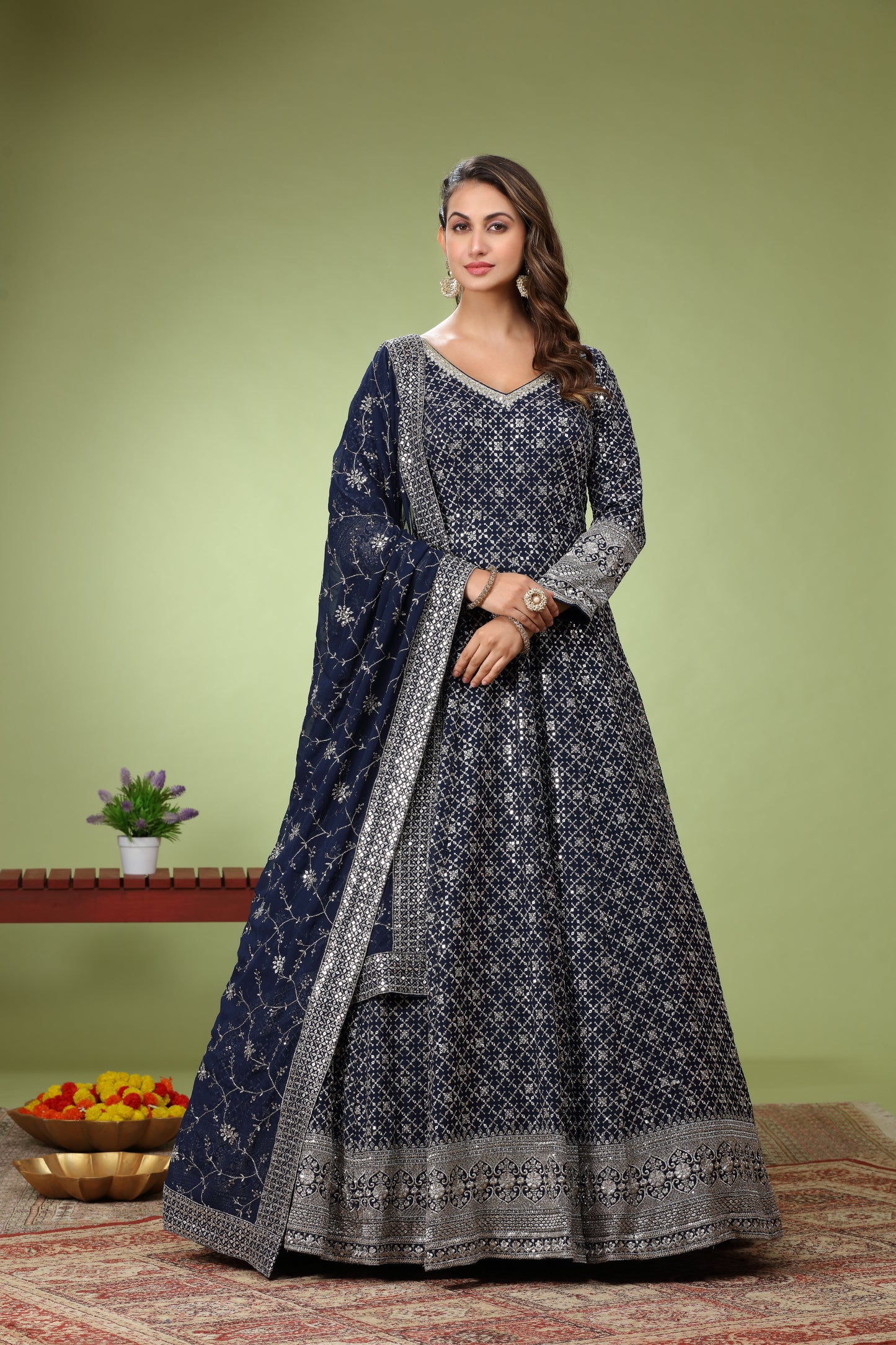 Navy Blue Sequence work Anarkali Set