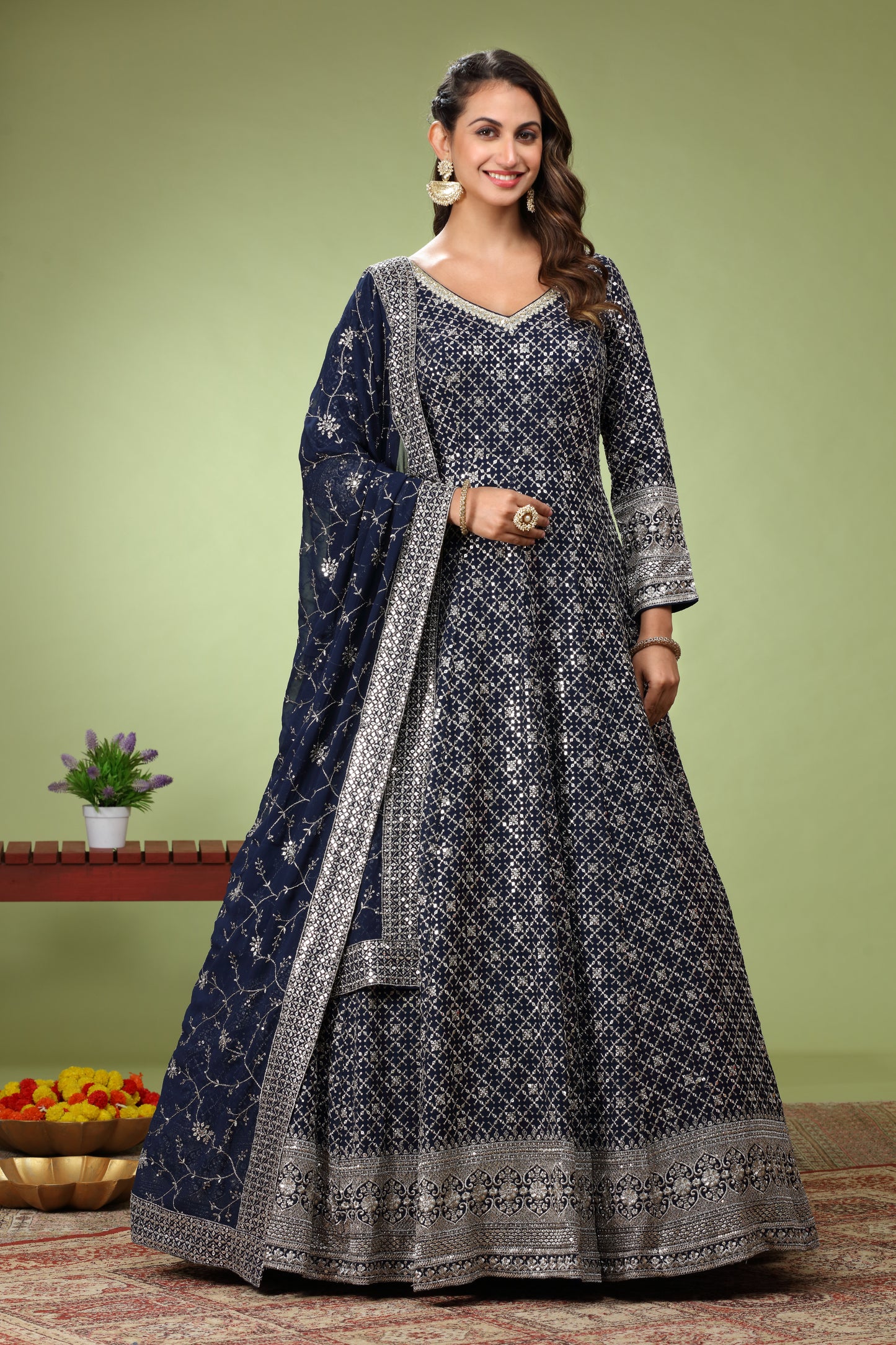 Navy Blue Sequence work Anarkali Set