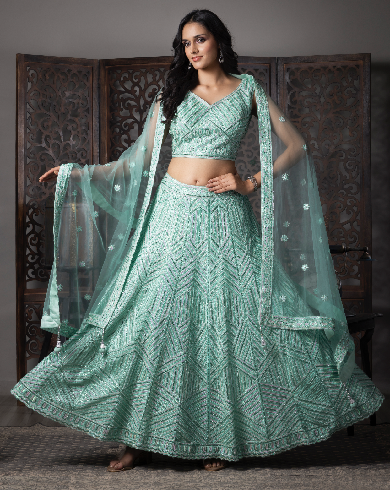 Sky Blue Soft Net Embroidered Lehenga Choli