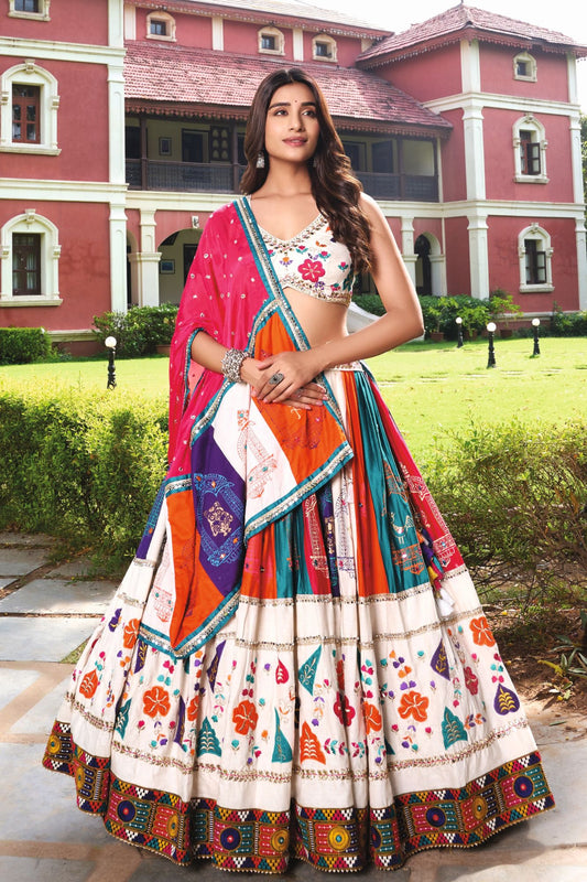 Off-White Navratri Lehenga with Colorful Embroidery