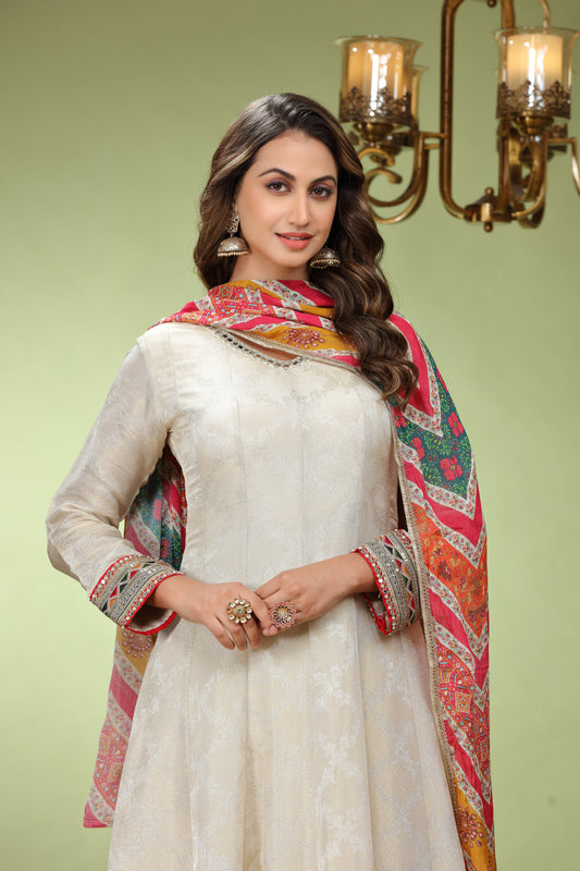 Off-White  Embroidered Anarkali Suit with Printed Dupatta