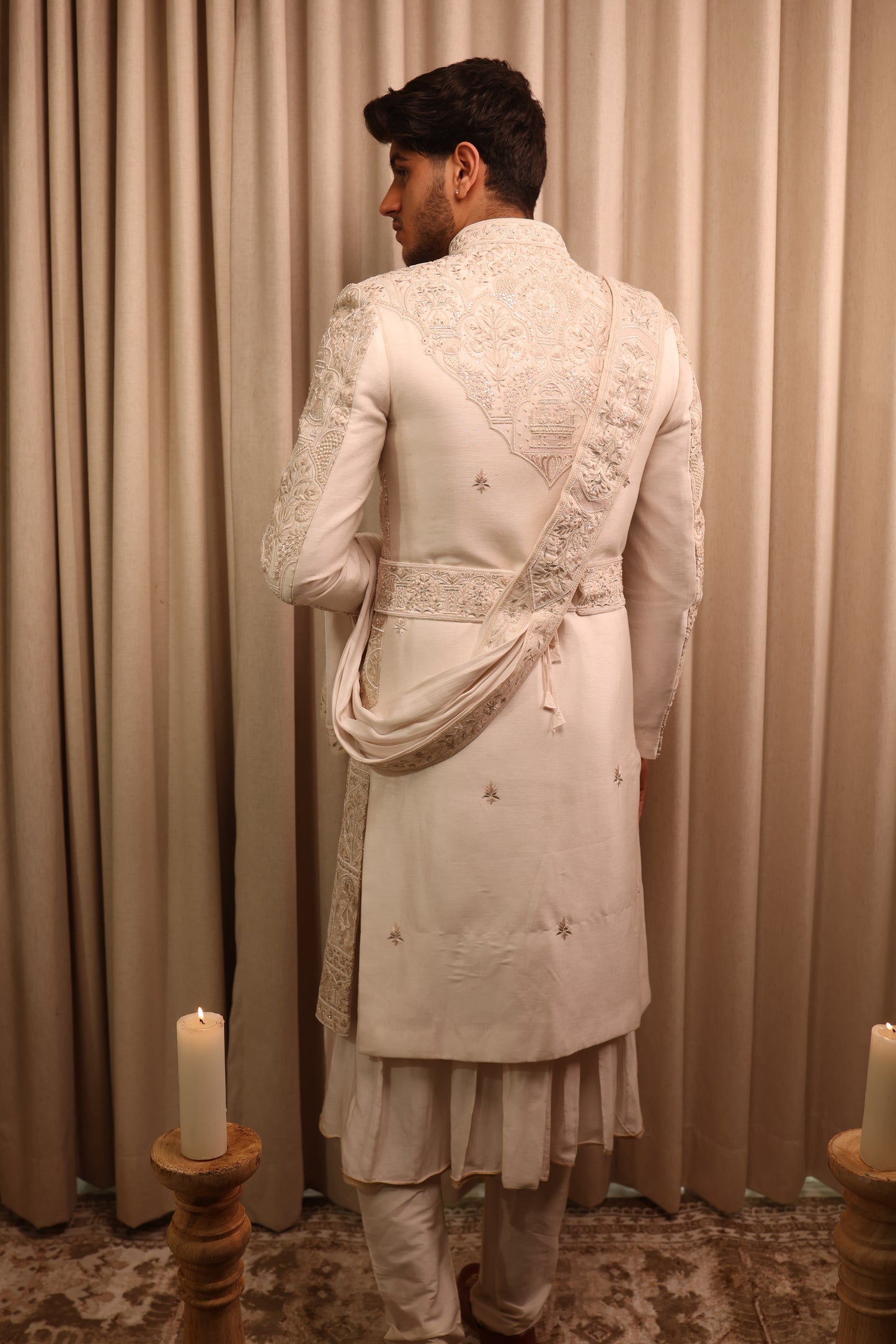 Off White Hand Crafted Groom Sherwani