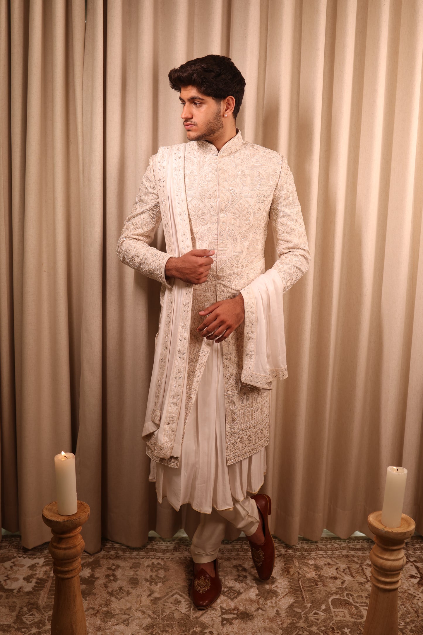 Off White Hand Crafted Groom Sherwani