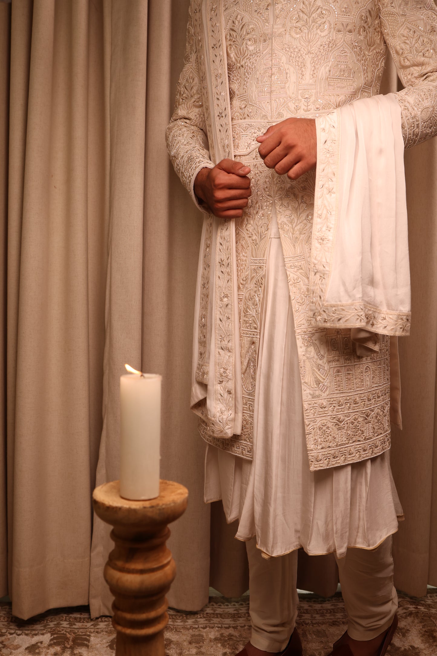 Off White Hand Crafted Groom Sherwani