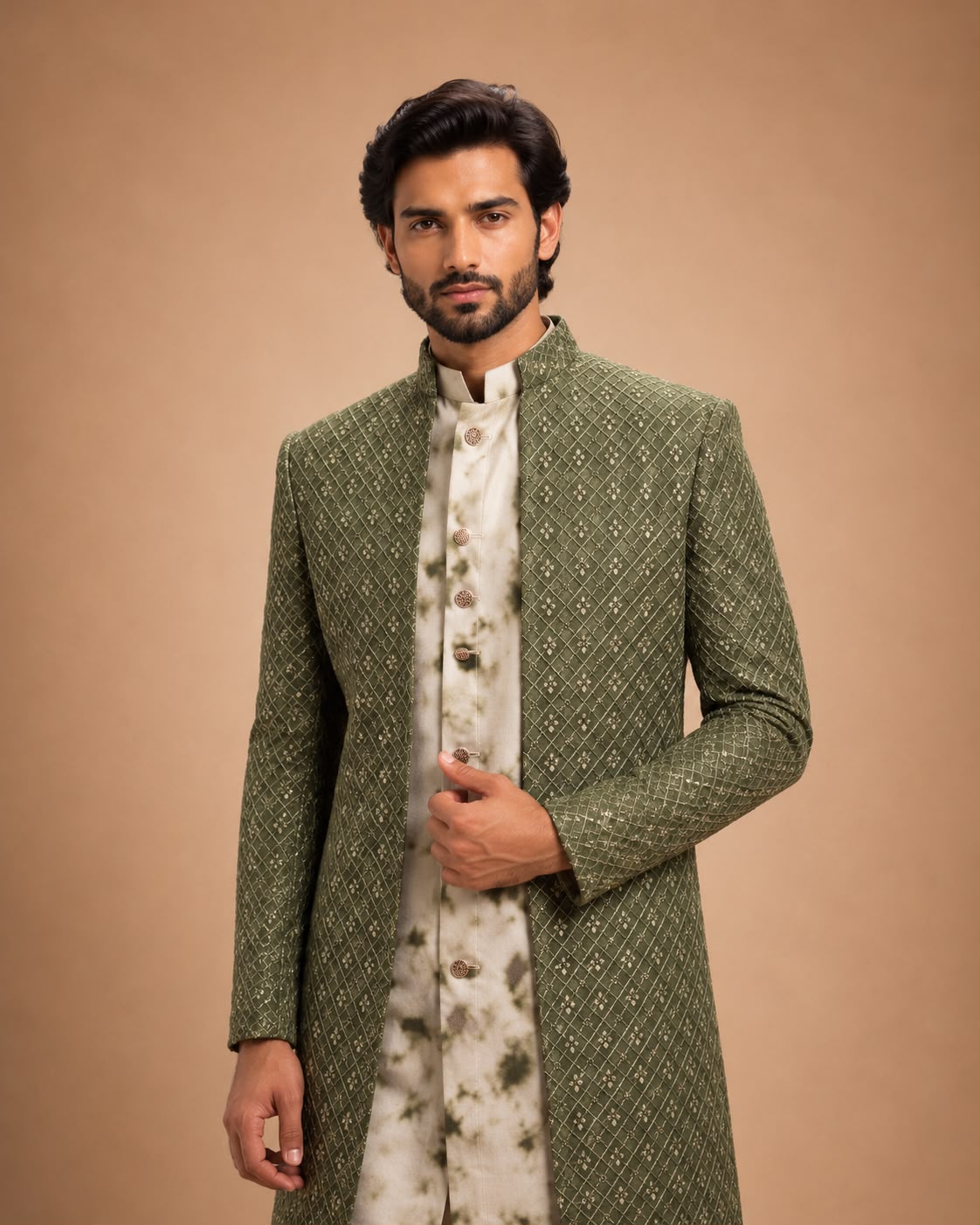 Olive Green Embroidered Indo Western Set with Tie Dye Kurta