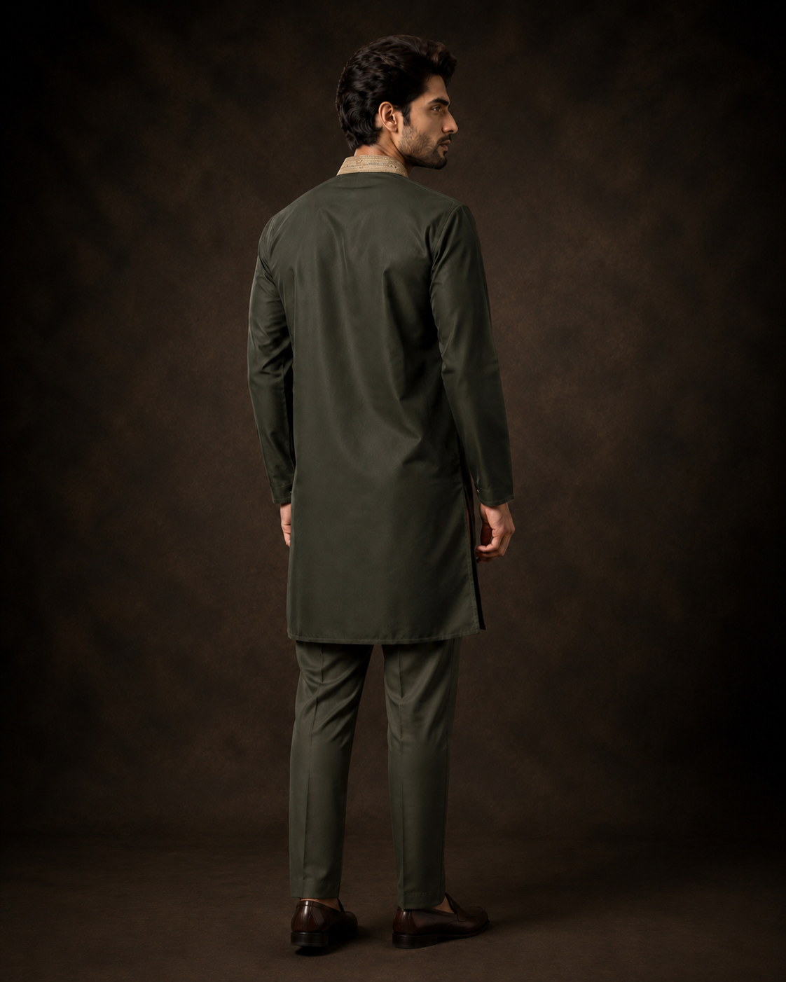 Olive Green Embroidered Kurta for Men with Peacock and Floral Motif Design