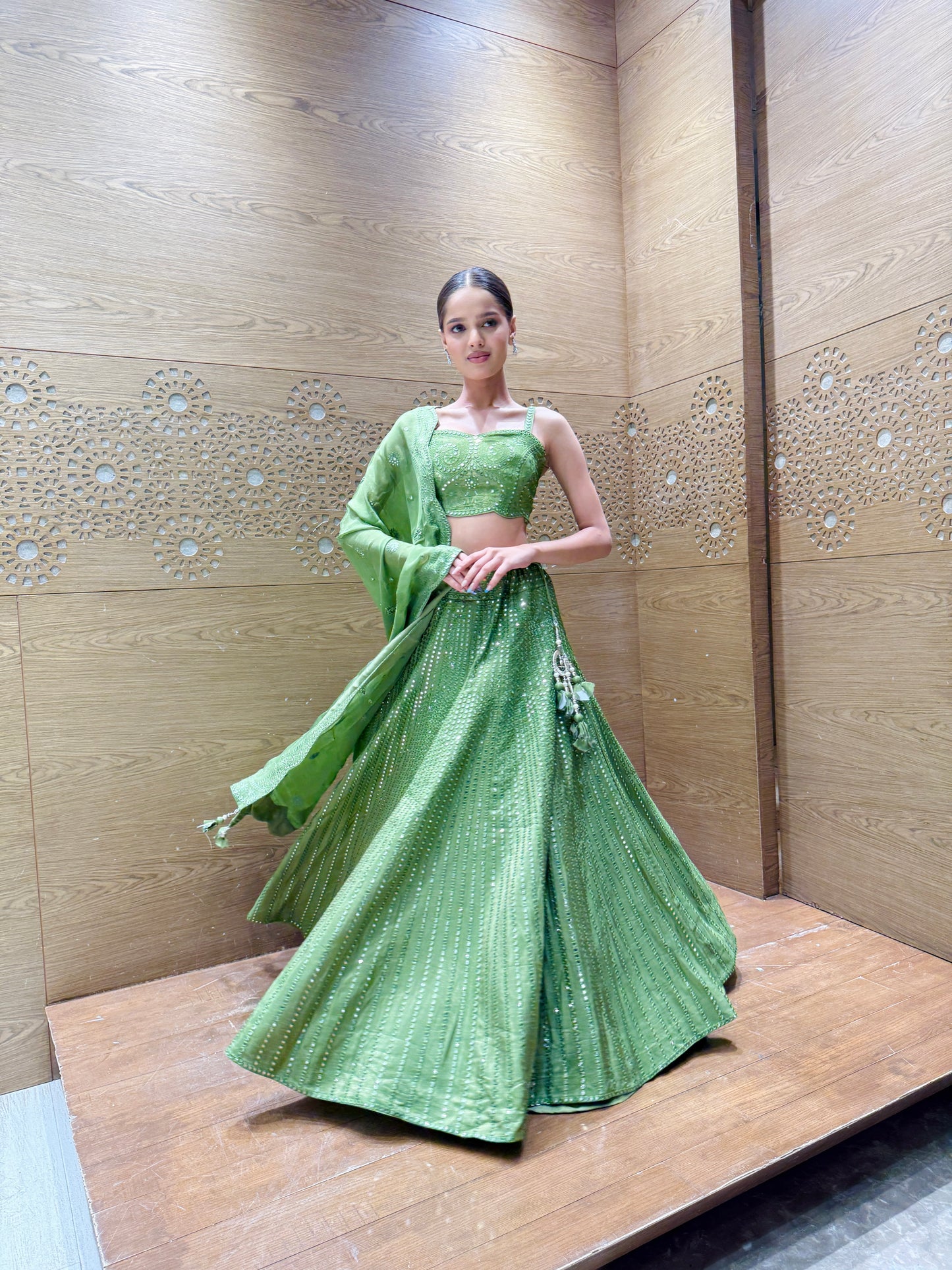 Olive Green Mirror Work Lehenga Set with Spaghetti Strap Blouse