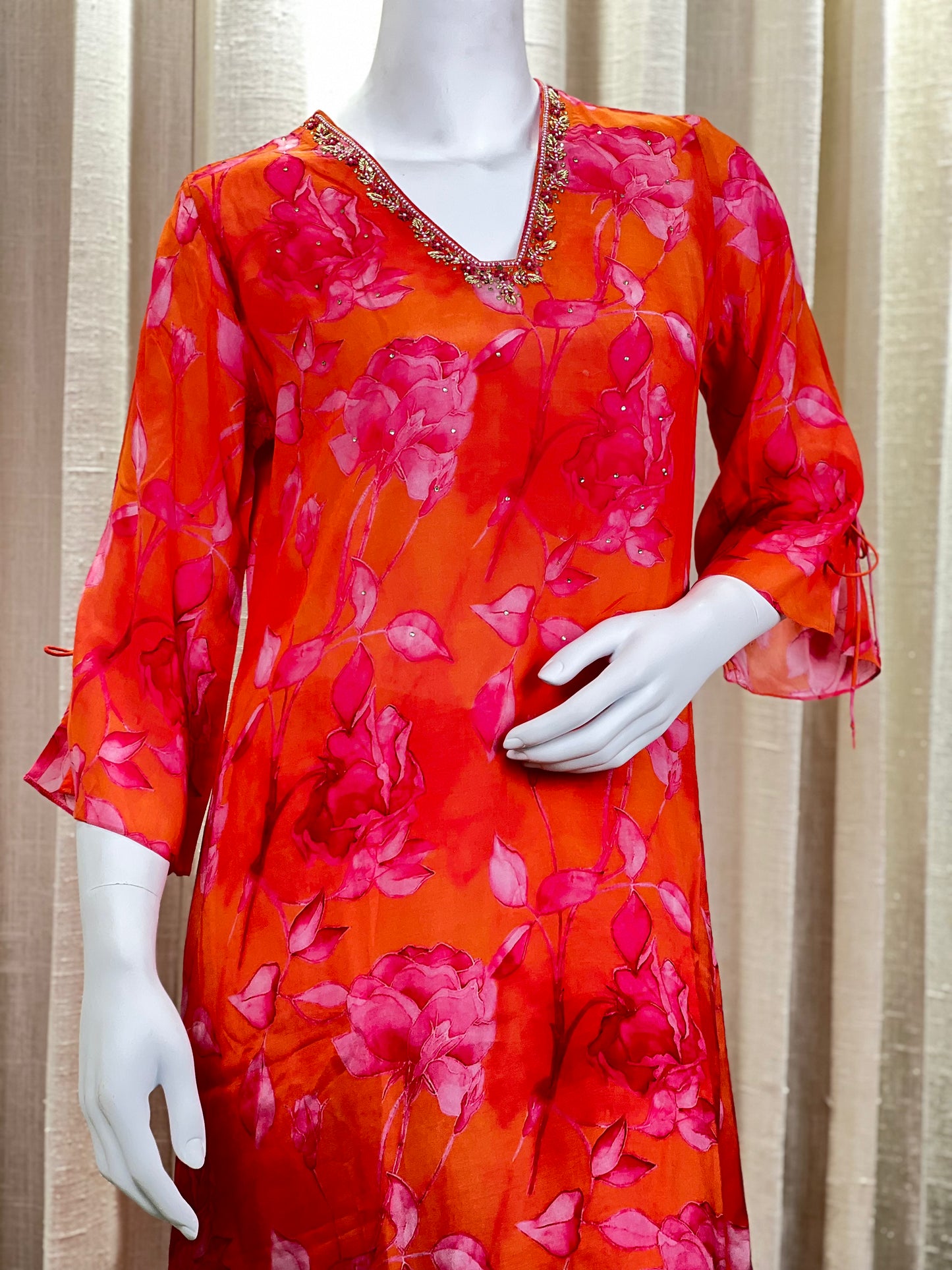 Orange Printed Calf Length Silk Women's Co-Ord Set