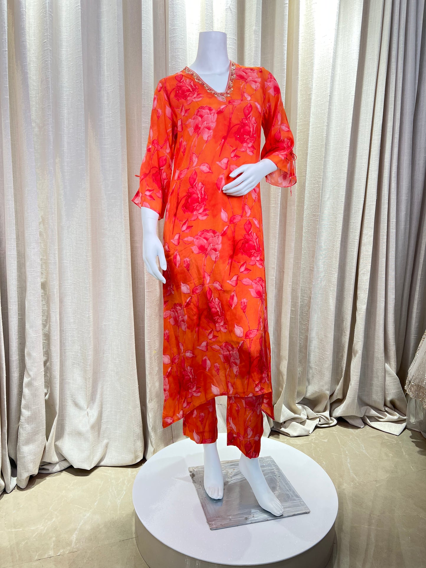 Orange Printed Calf Length Silk Women's Co-Ord Set