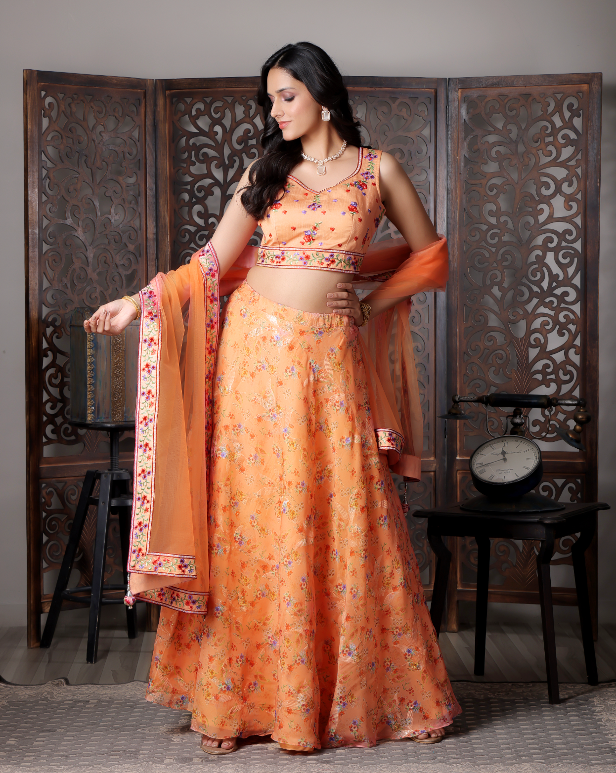Orange Silk Flora Printed Langha Choli
