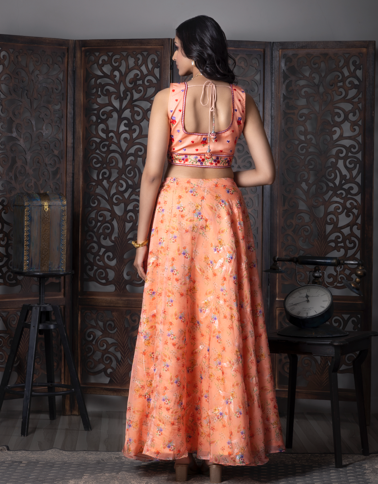 Orange Silk Flora Printed Langha Choli