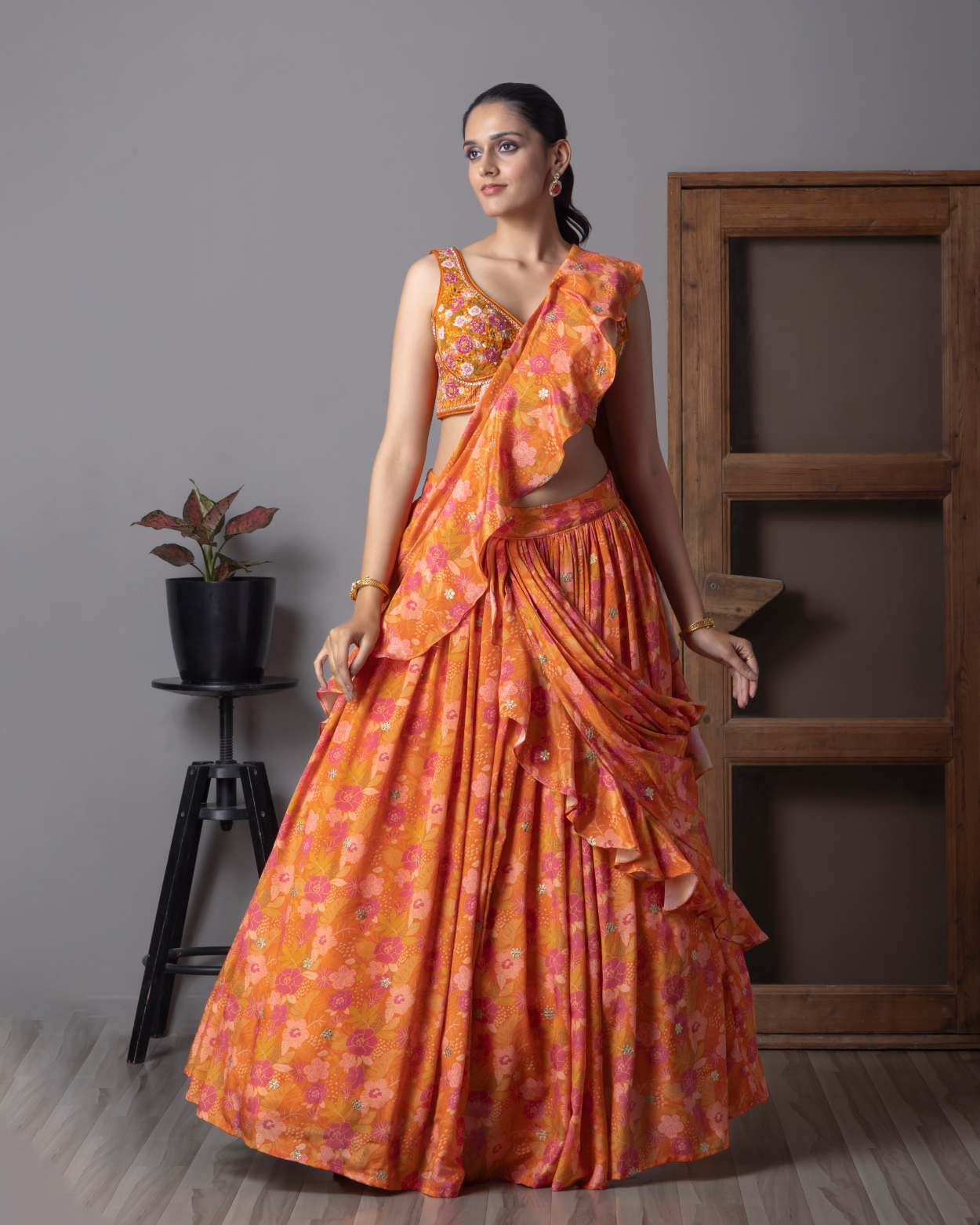 Orange flora printed pre-draped Lehnga