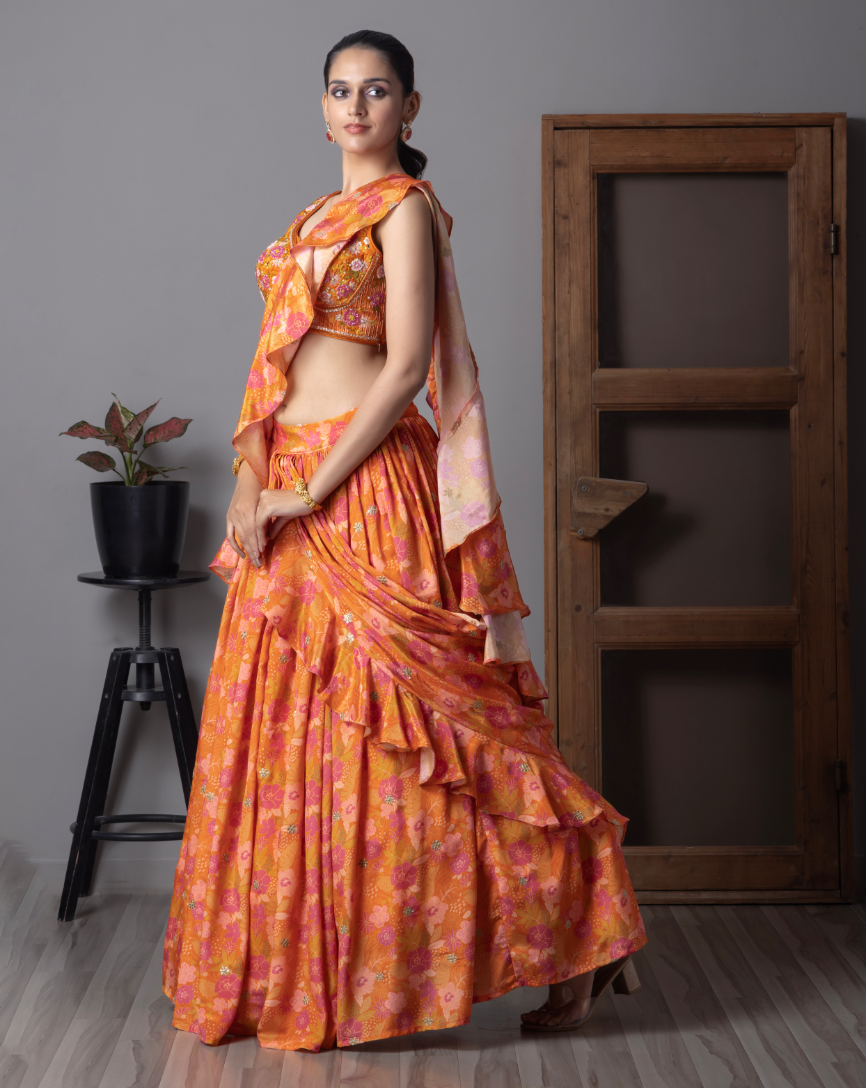 Orange flora printed pre-draped Lehnga