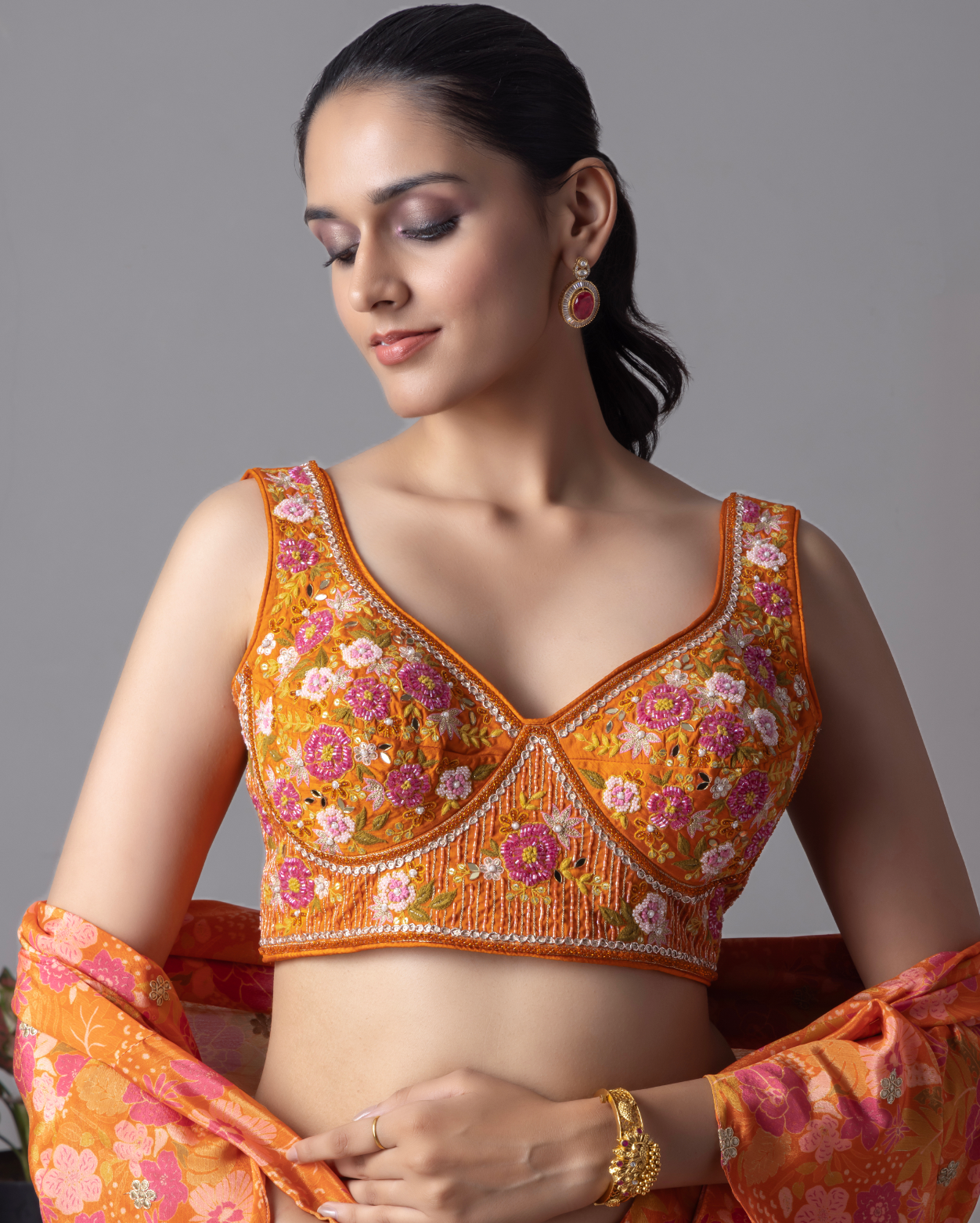 Orange flora printed pre-draped Lehnga