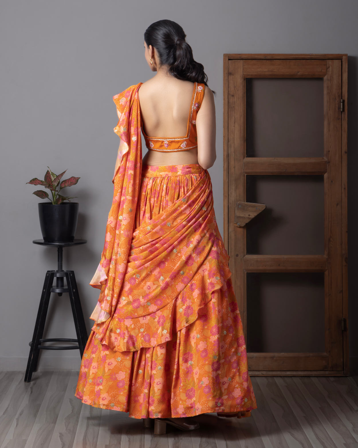 Orange flora printed pre-draped Lehnga