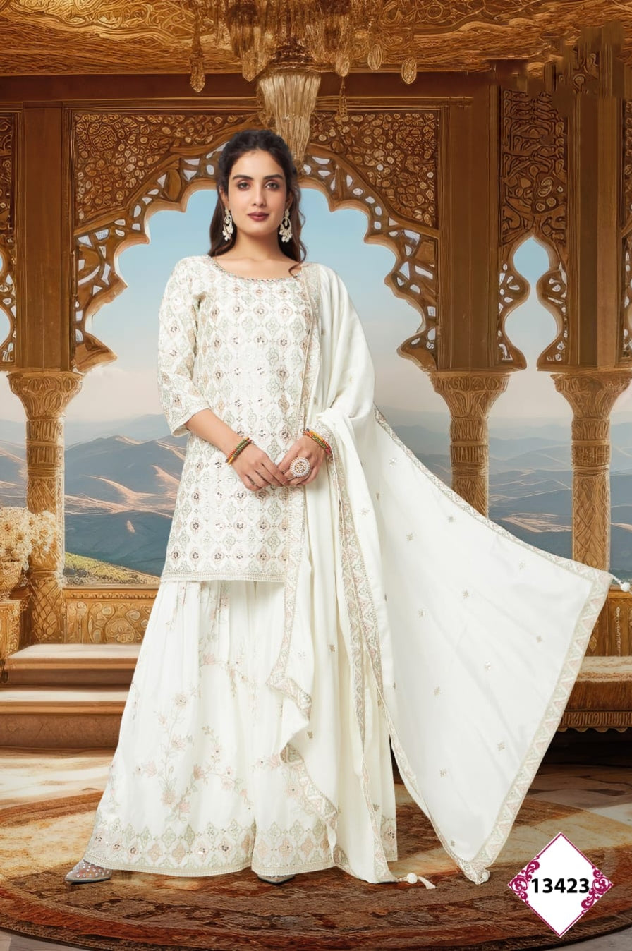 Simple White Kurti Palazzo Set with Dupatta