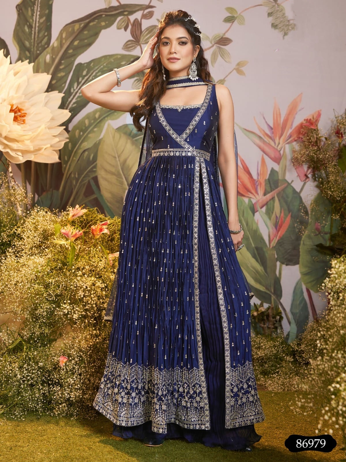 Navy Blue Side Cut Anarkali Set