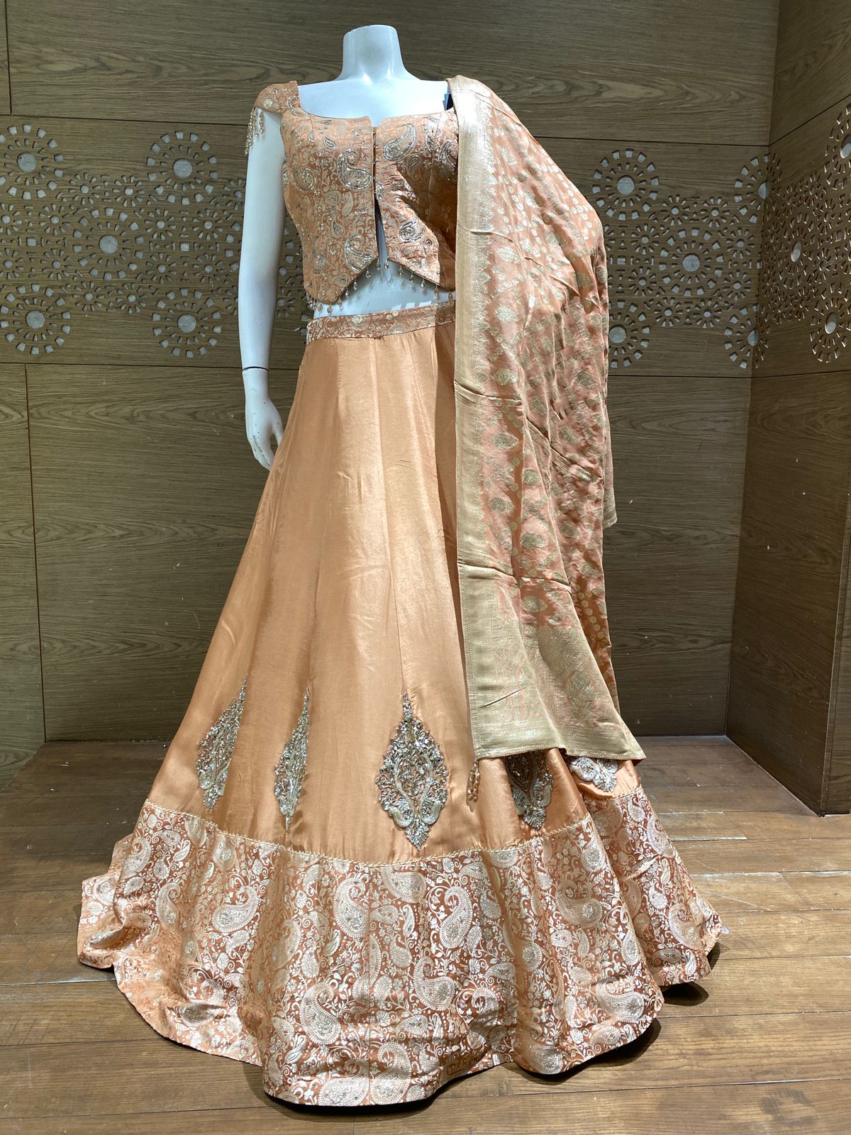 Peach Zari Woven Lehenga Set with Paisley Embroidered Blouse and Banarasi Border