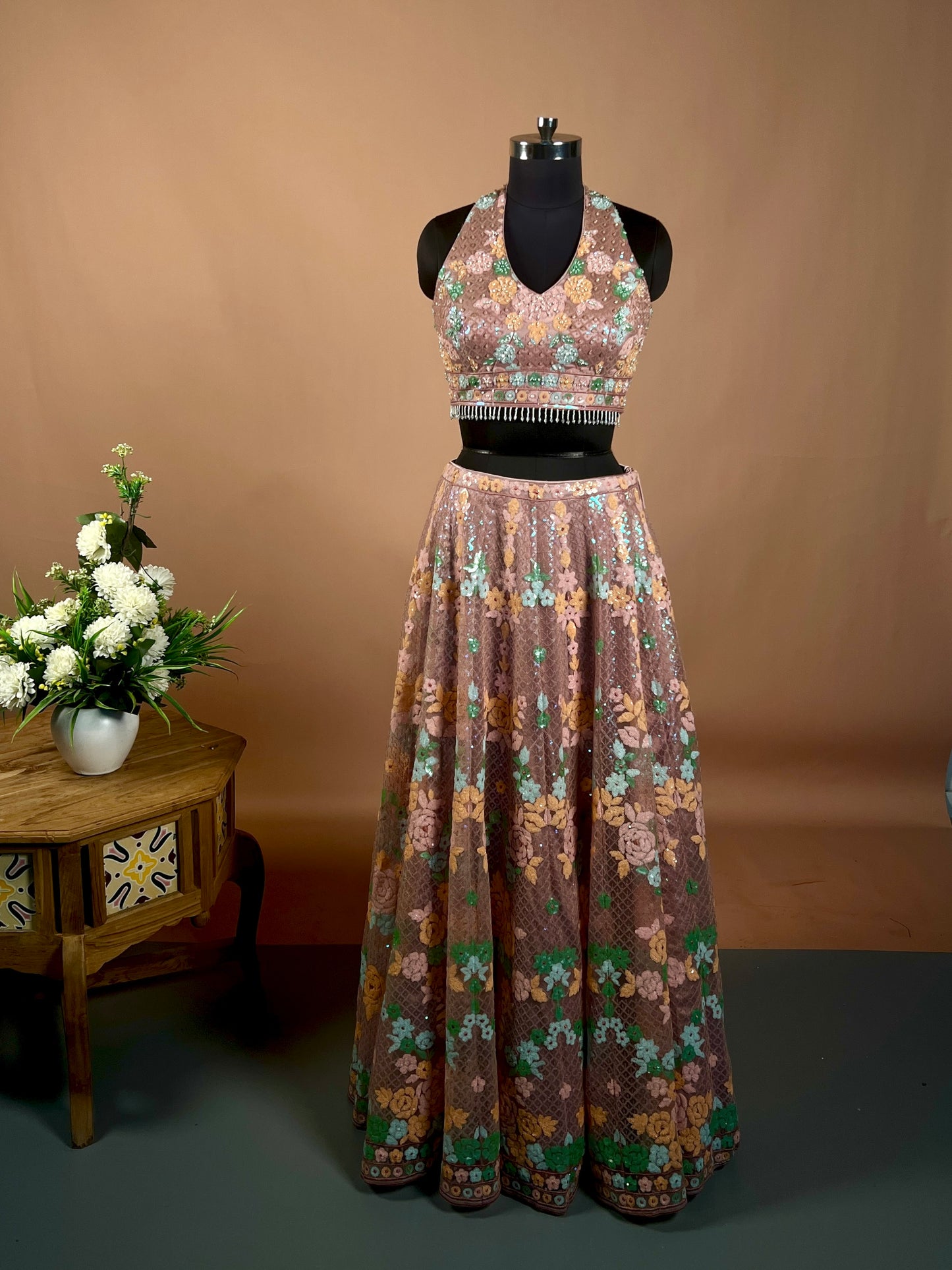Pastel Floral Embroidered Net Lehenga Set
