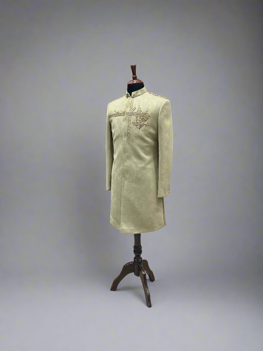 Pastel Green Suede Sherwani with Hand Embroidered Shoulder Motif
