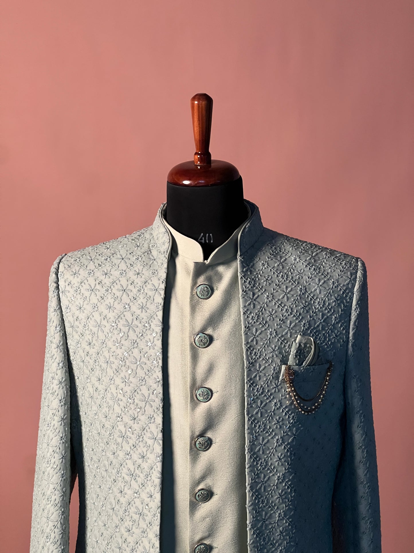 Pastel Mint Textured Indo-Western with Layered Kurta and Brooch Detail