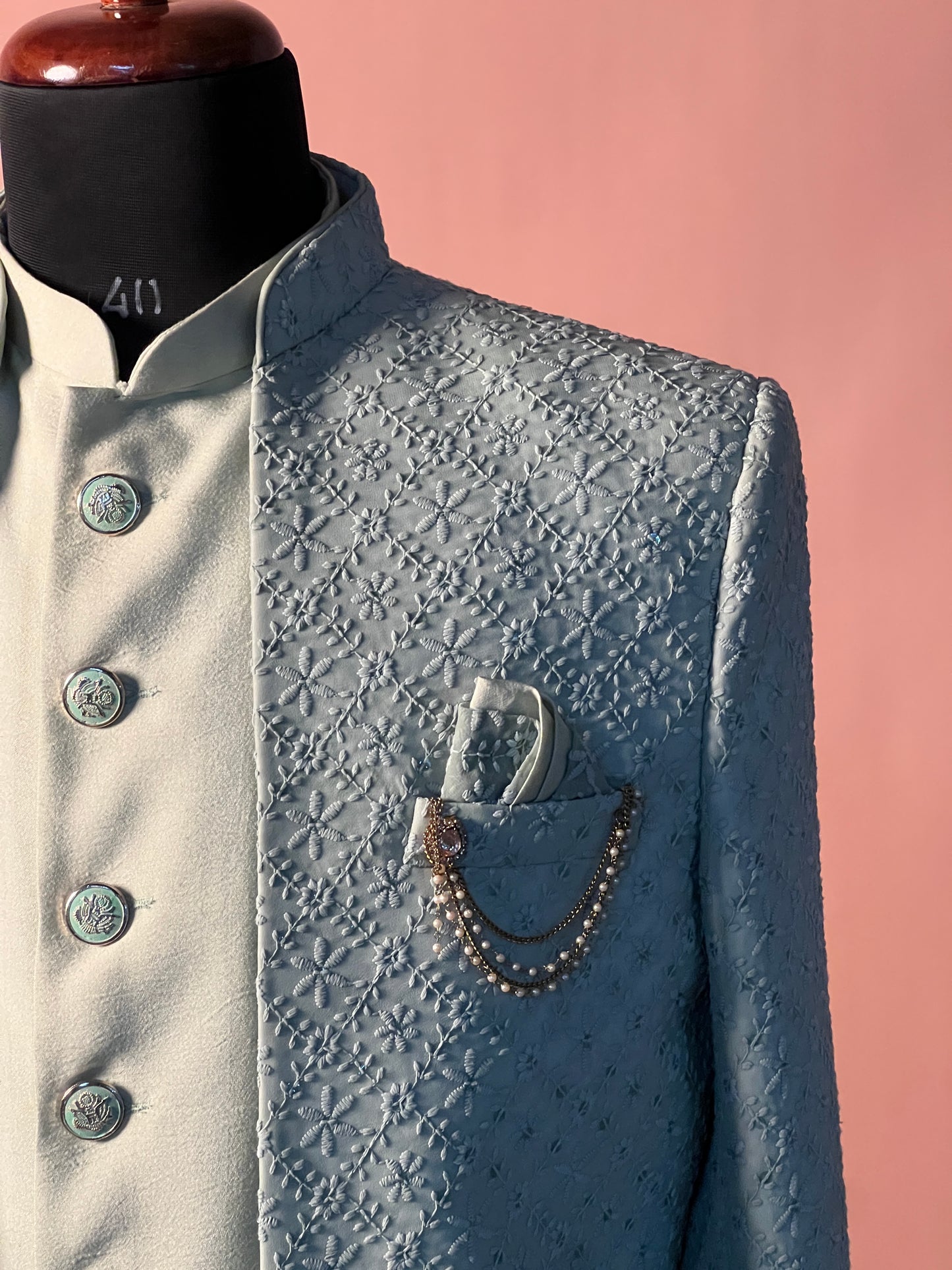 Pastel Mint Textured Indo-Western with Layered Kurta and Brooch Detail