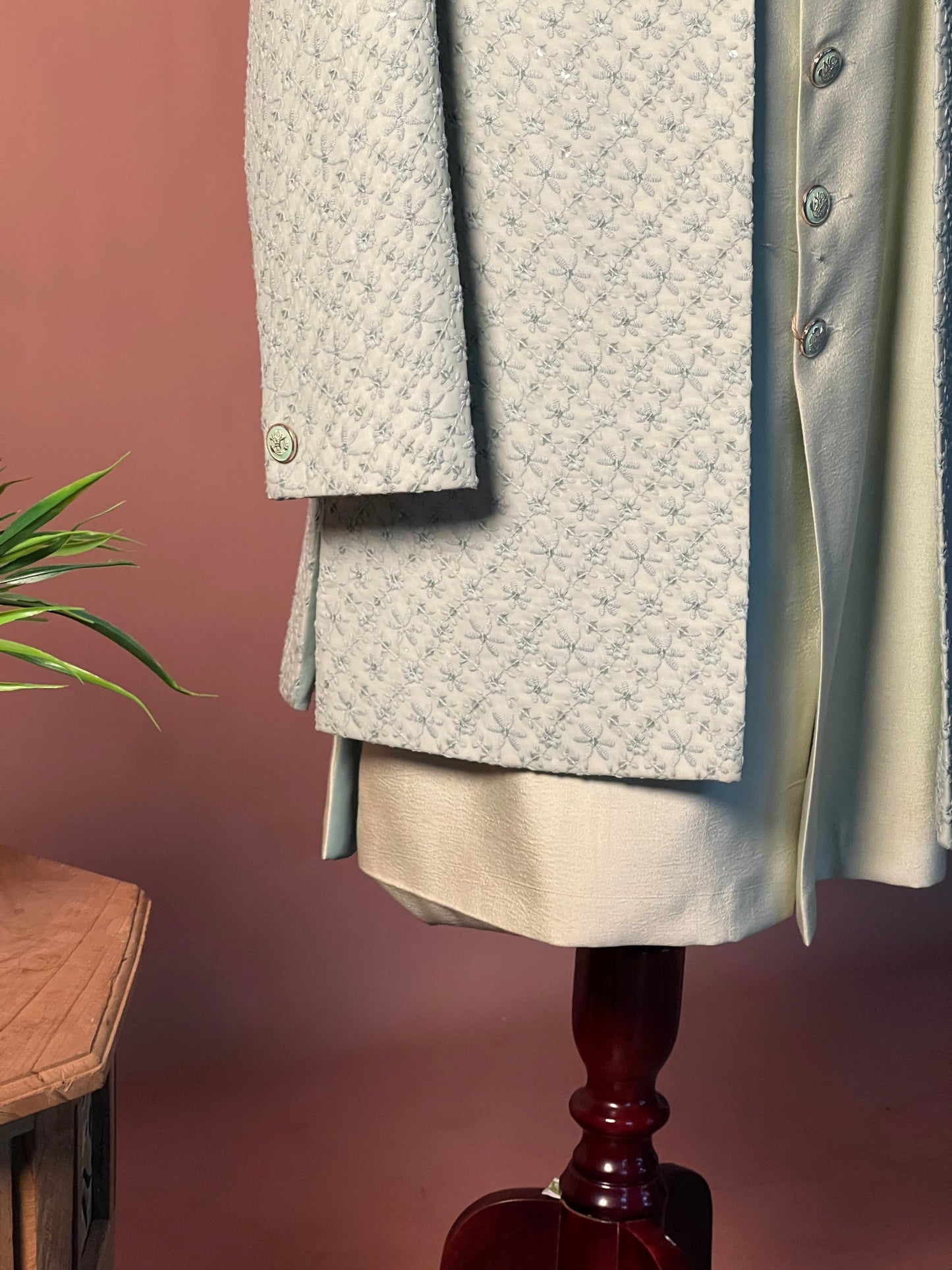 Pastel Mint Textured Indo-Western with Layered Kurta and Brooch Detail