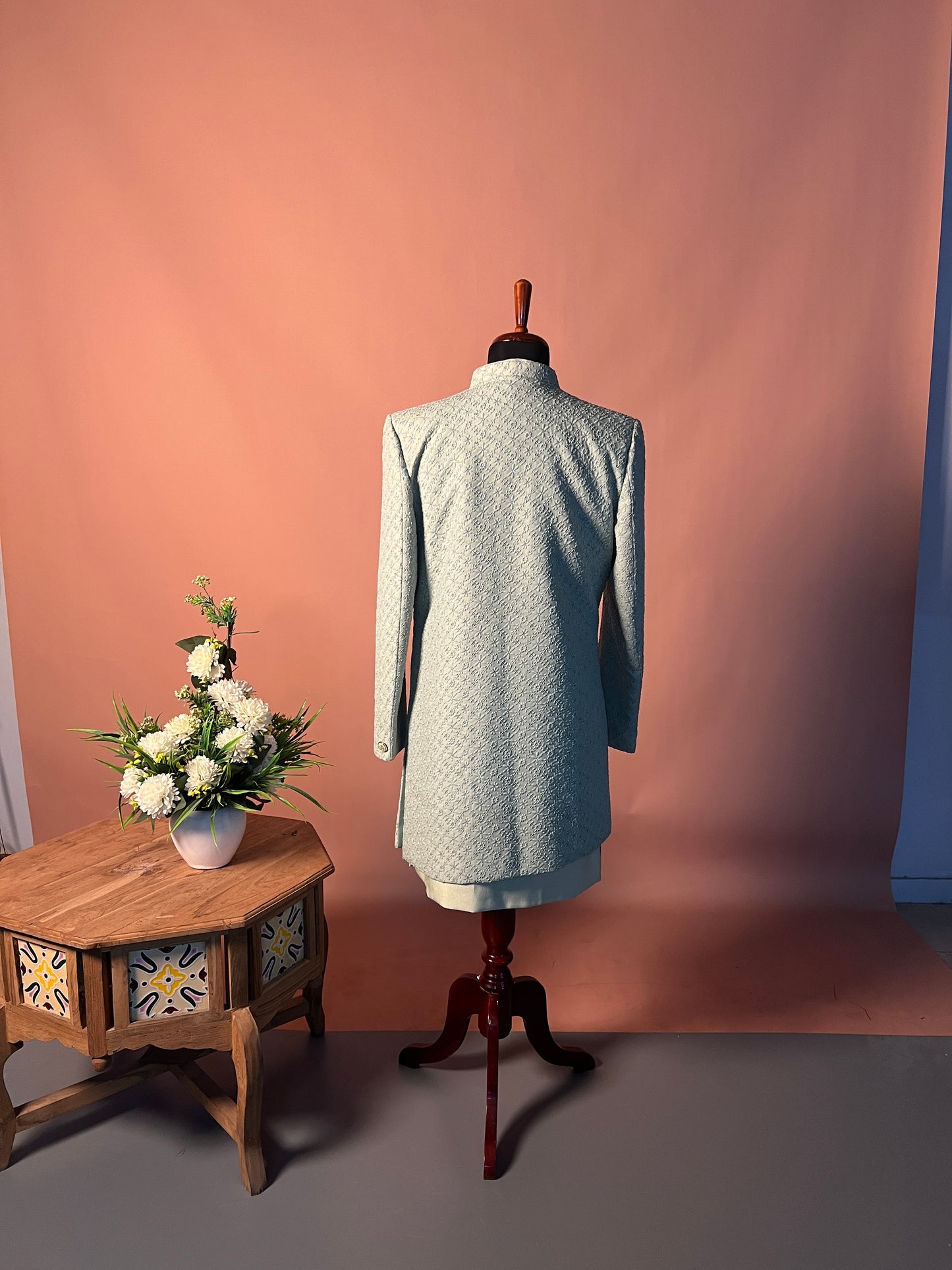 Pastel Mint Textured Indo-Western with Layered Kurta and Brooch Detail