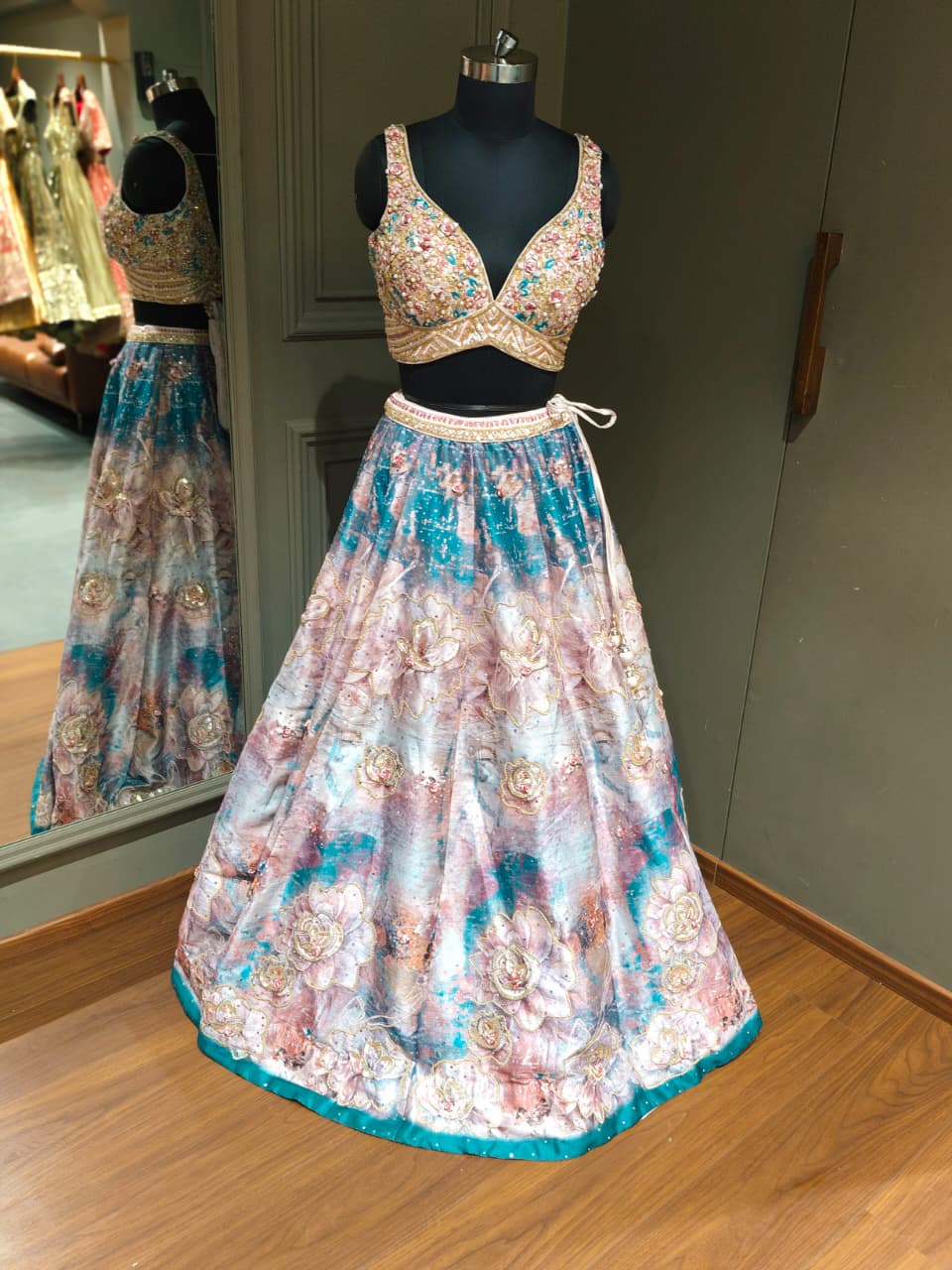 Pastel Pink & Teal Floral Printed Lehenga with Multicolor Hand
