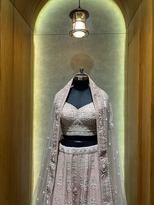 Peach Bead Hand Embroidery Lehnga Choli