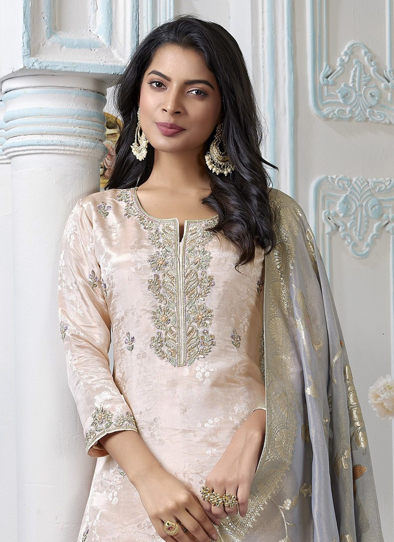 Peach Color Embroidered Palazzo Set With Dupatta