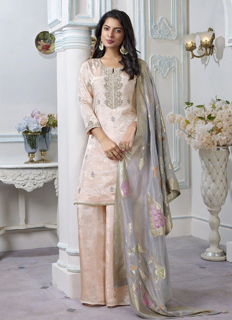 Peach Color Embroidered Palazzo Set With Dupatta