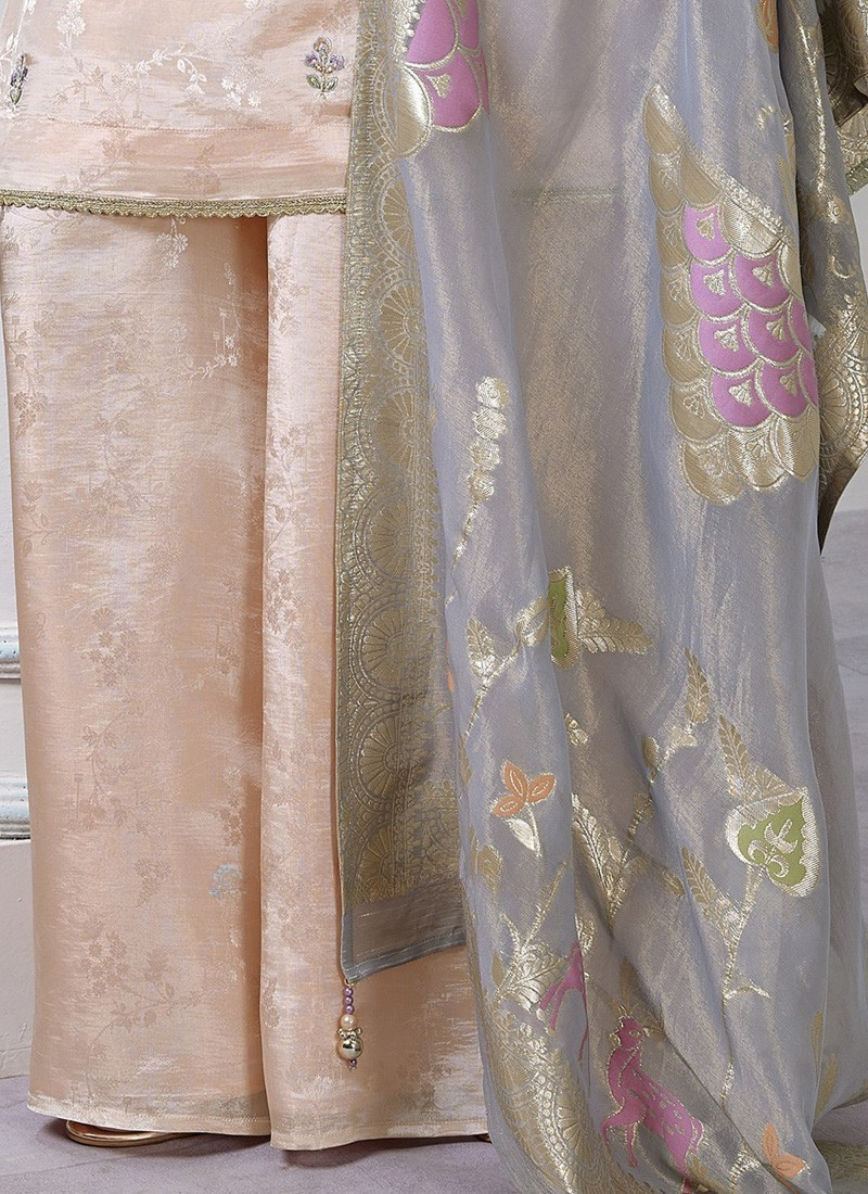 Peach Color Embroidered Palazzo Set With Dupatta