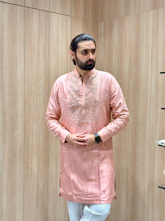 Peach Embroidered Kurta with White Pajama and Delicate Thread Work