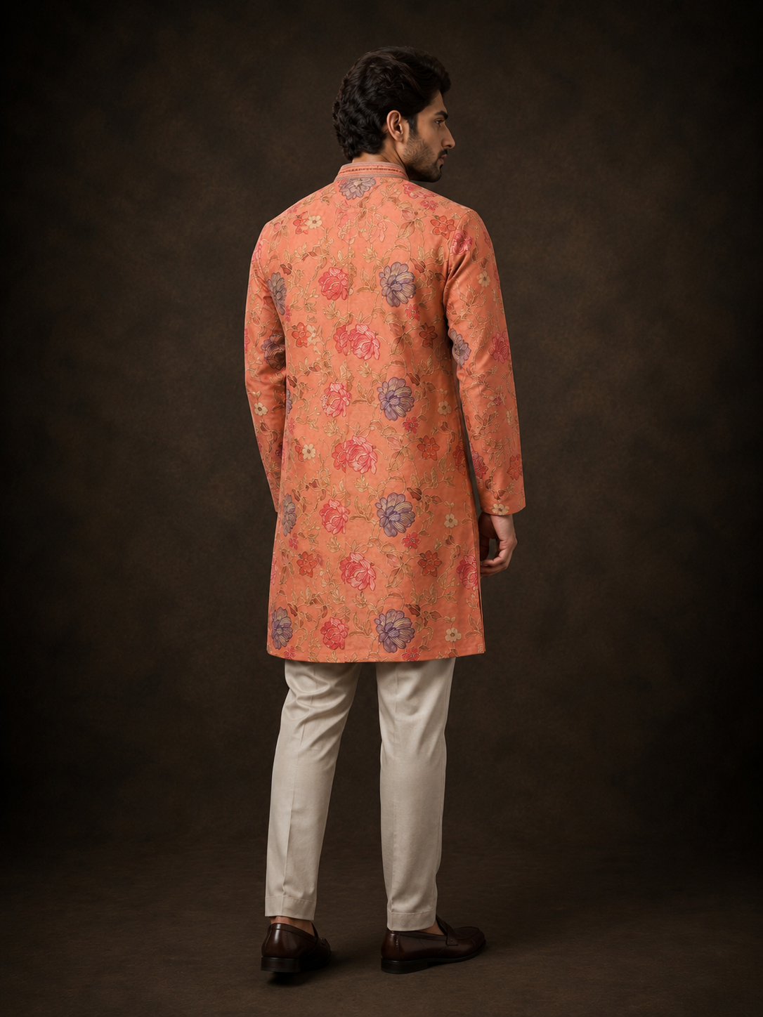 Peach Floral Printed Kurta for Men with Botanical Designer Print and Mandarin Collar