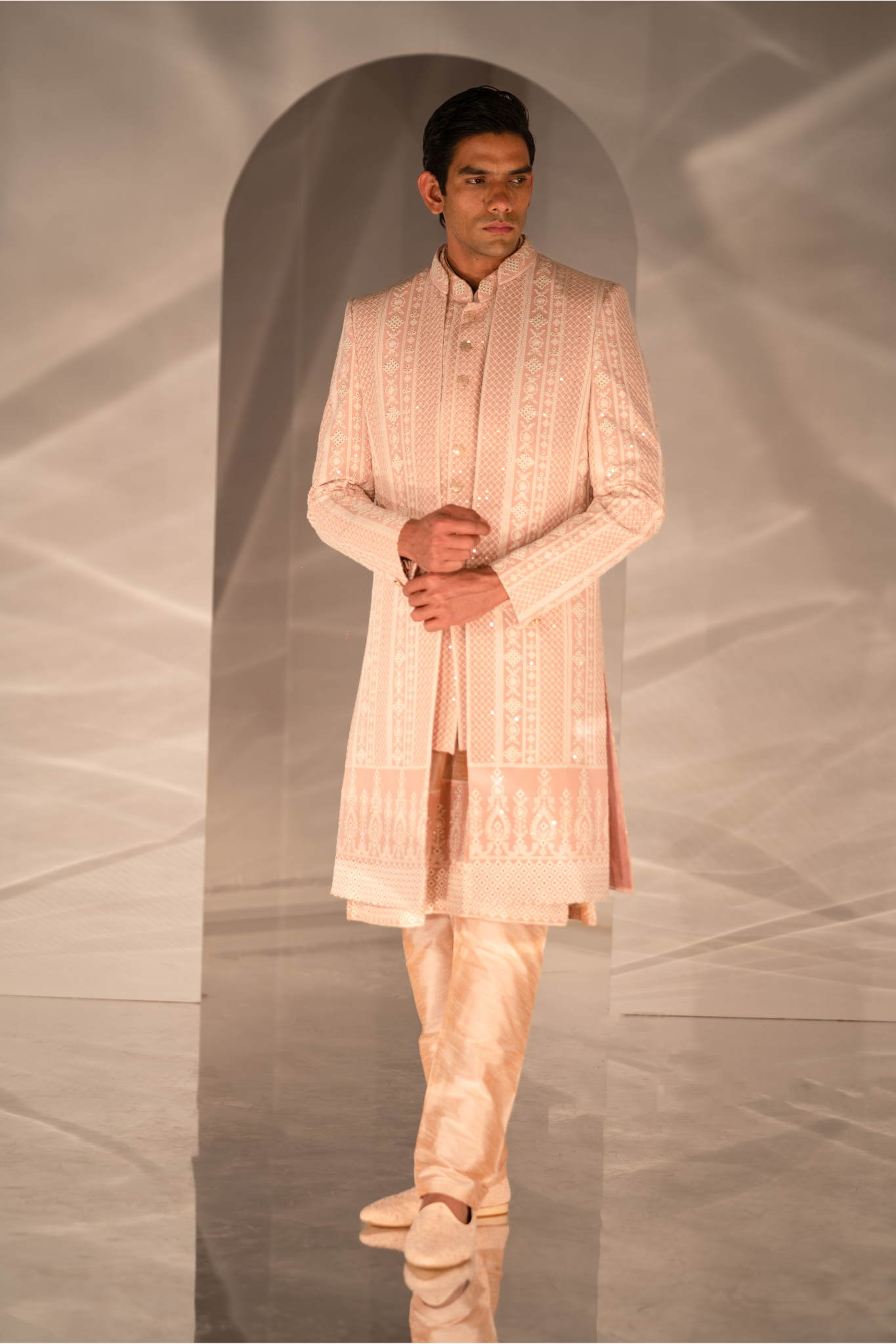 Peach Threadwork Triple-Layered Indo-Western Ensemble