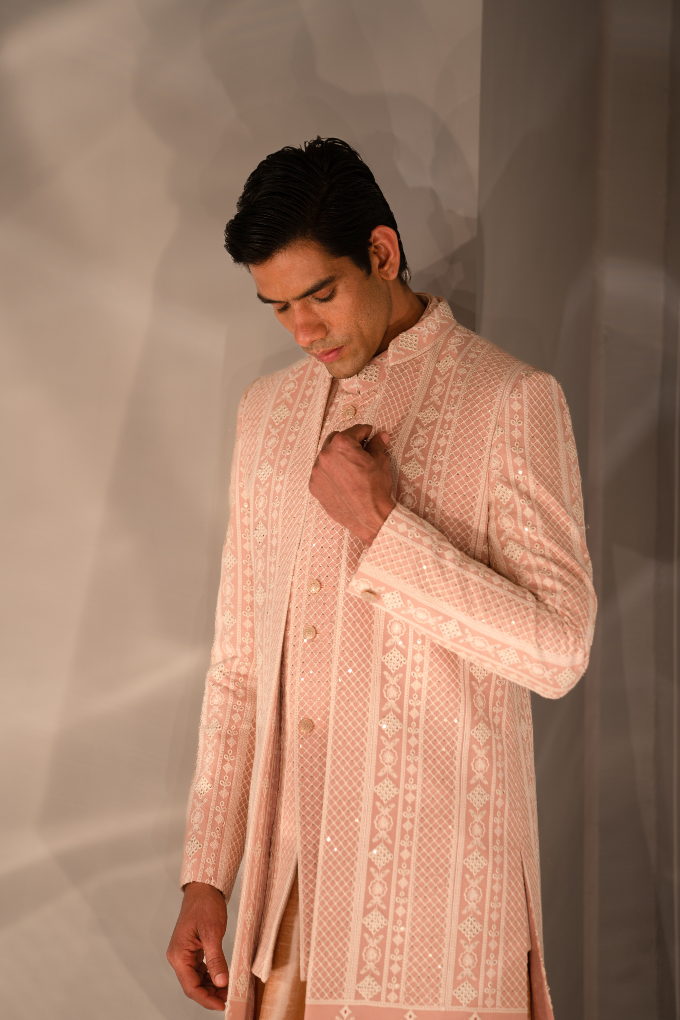 Peach Threadwork Triple-Layered Indo-Western Ensemble