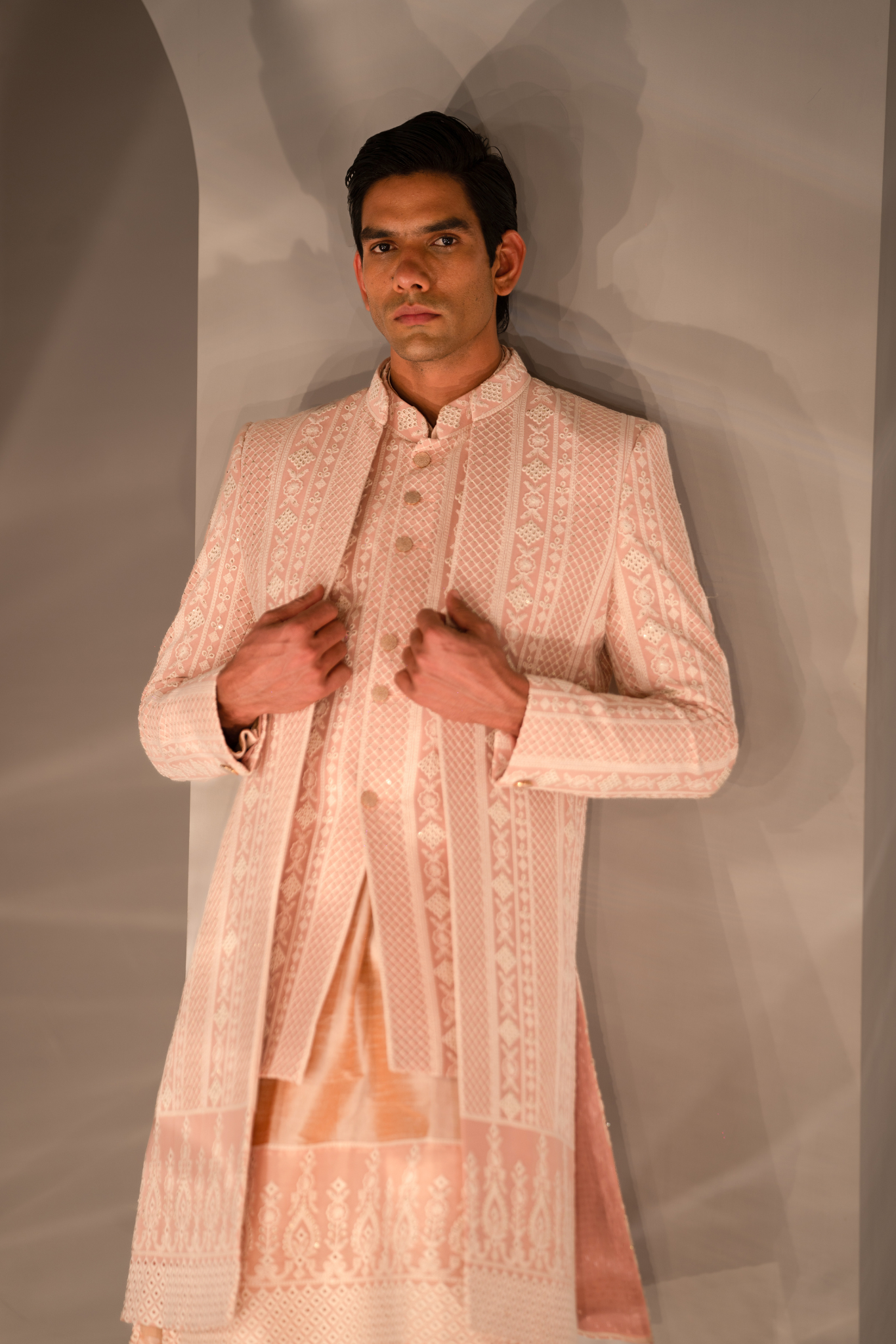 Peach Threadwork Triple-Layered Indo-Western Ensemble