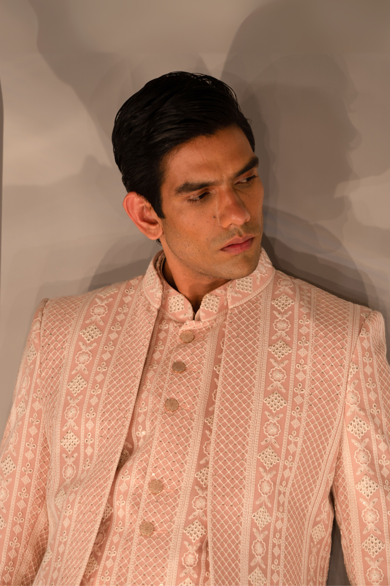 Peach Threadwork Triple-Layered Indo-Western Ensemble