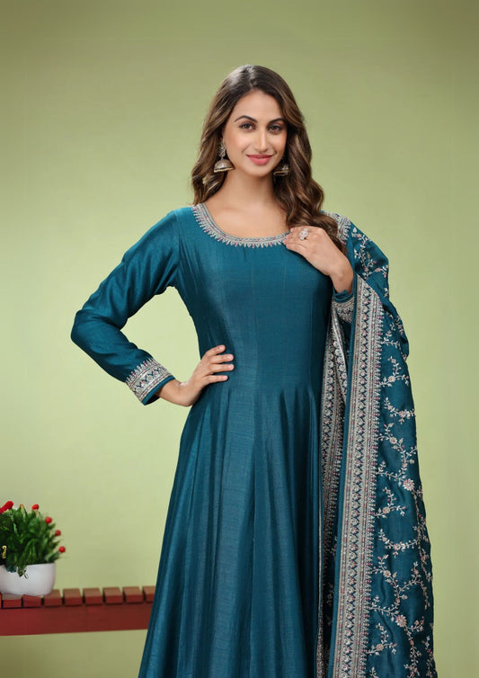 Peacock Blue Zariwork Art Silk Anarkali Suit