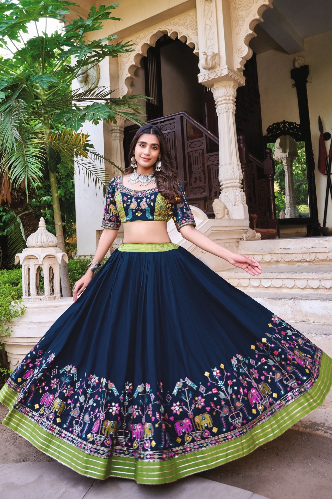 Petrol Blue Gamthi Work Chaniya Choli with Multicolor Blouse