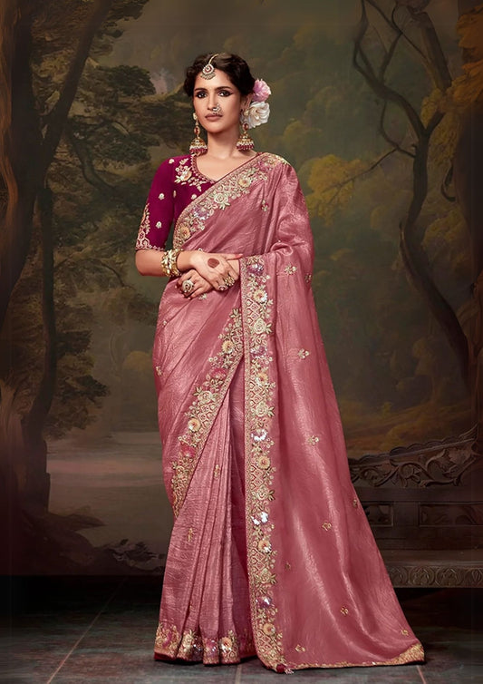 Pink Embroidered Organza Saree Set