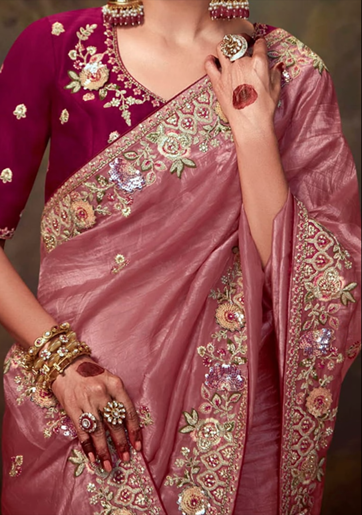 Pink Embroidered Organza Saree Set