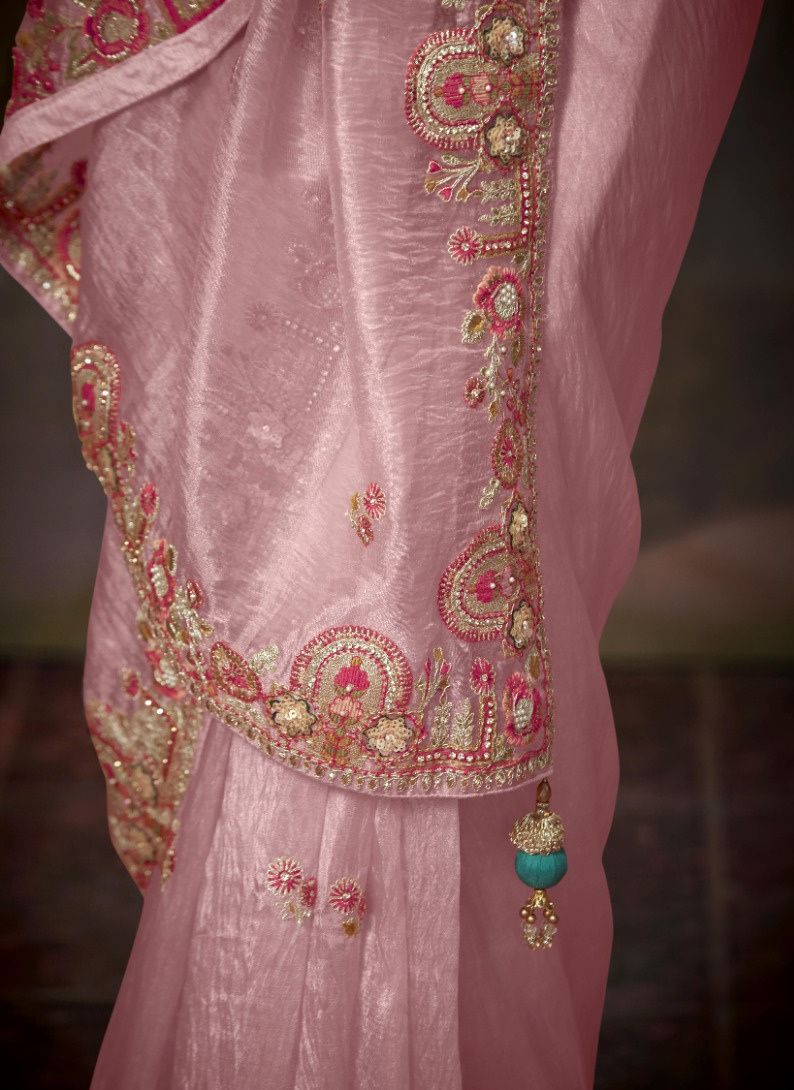 Pink Embroidered Organza Saree Set