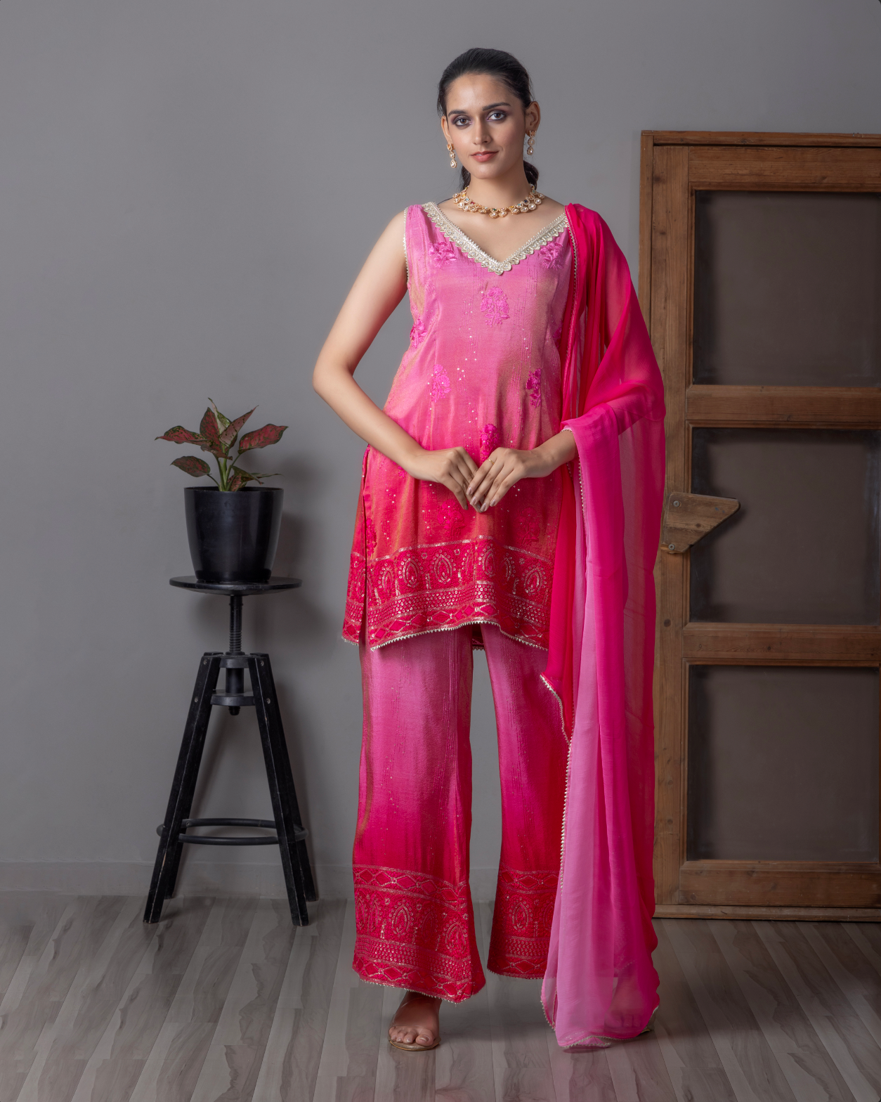 Pink Embroidered Sharara Set