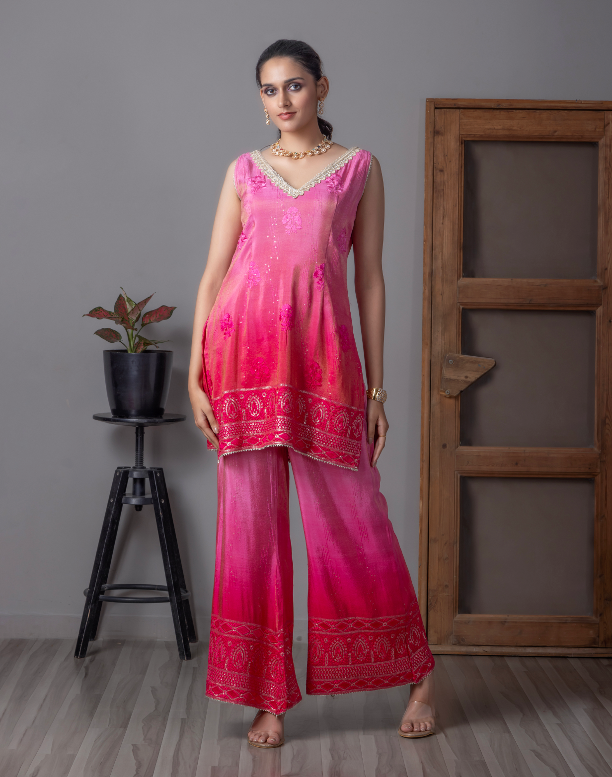 Pink Embroidered Sharara Set